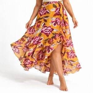 Etam Maxi Skirt 12 Mustard Ruffle Slit Floral Metallic Thread Made in France